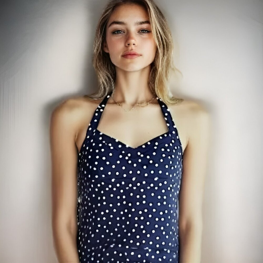 J Crew Midnight Navy Blue & White Polka Dot Pin-Up Halter Crop Tank Top 0 XS